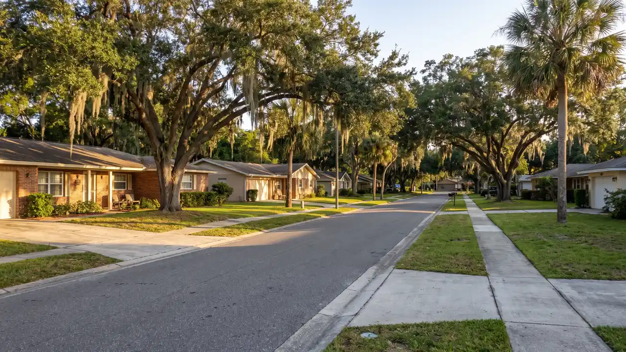 Tree-lined residential street with single-story homes under live oaks, typical of Brandon, Florida