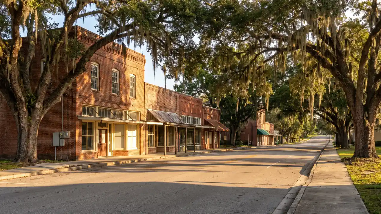 Historic brick storefronts on a quiet downtown street under live oaks, like downtown Brooksville, Florida