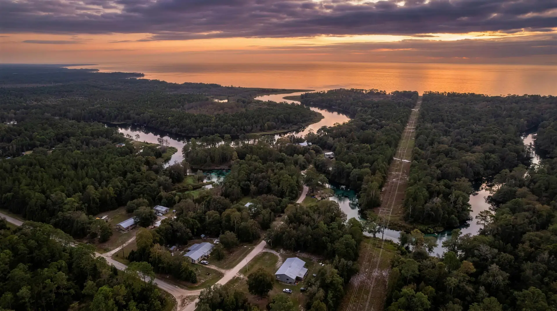 Aerial view of Florida Nature Coast woodland and waterways across Citrus County