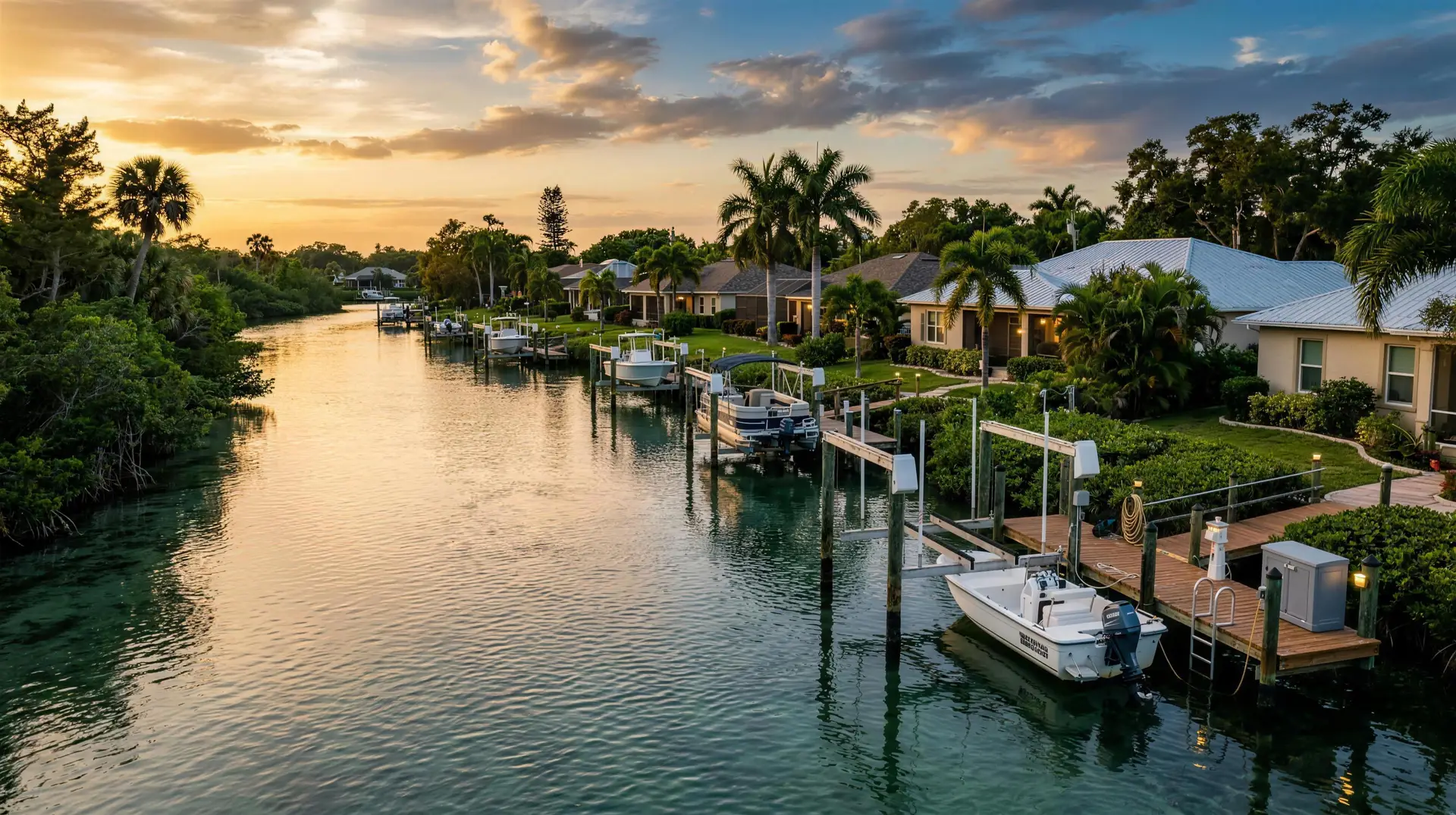 Waterfront homes with docks and boat lifts on the coast at Crystal River, Florida