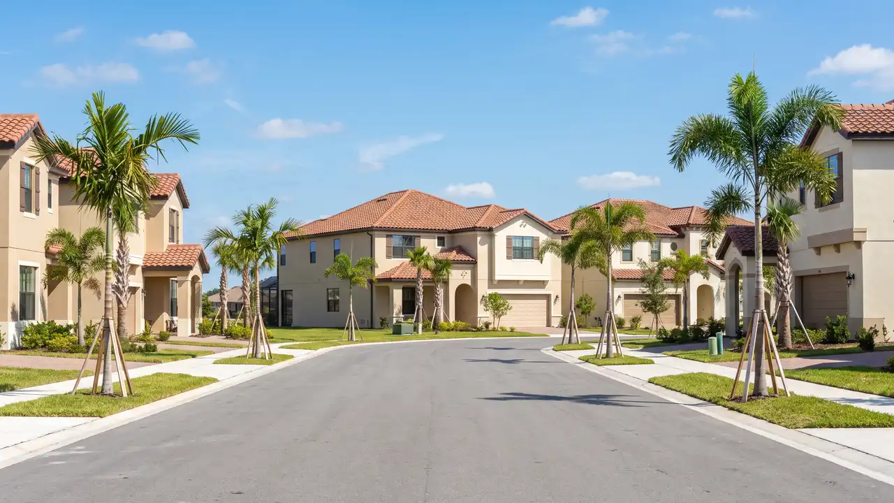 Two-story stucco homes with tile roofs and young palms on a newer residential street, typical of Davenport, Florida
