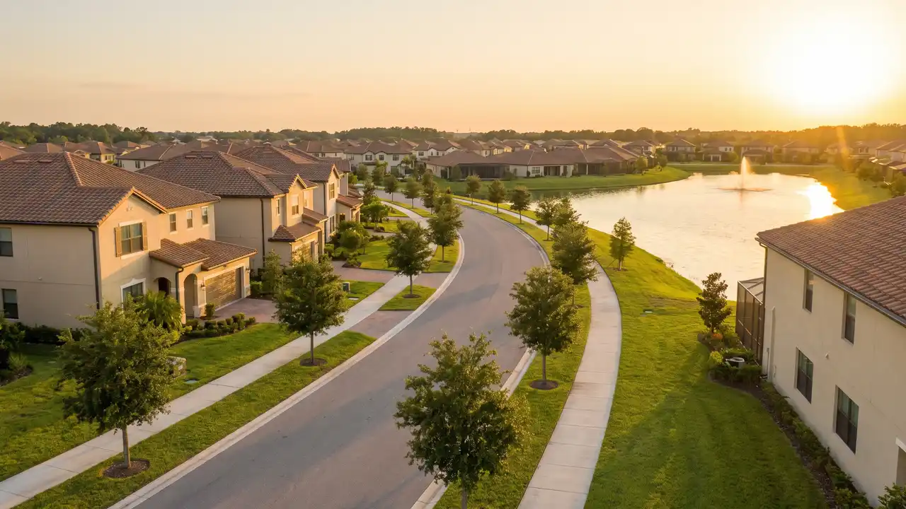 Master-planned neighborhood street with two-story homes curving toward a community pond at sunset, typical of FishHawk Ranch, Florida