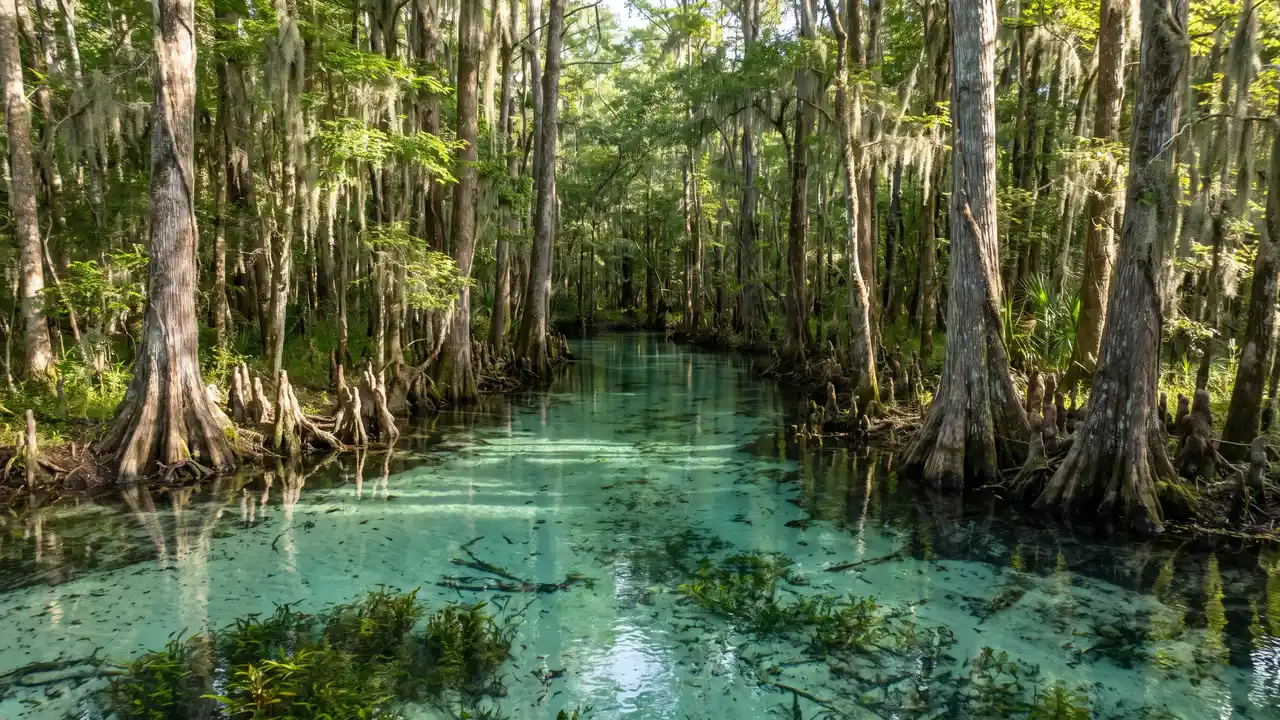 Clear spring run winding through a cypress forest, typical of Hernando County, Florida