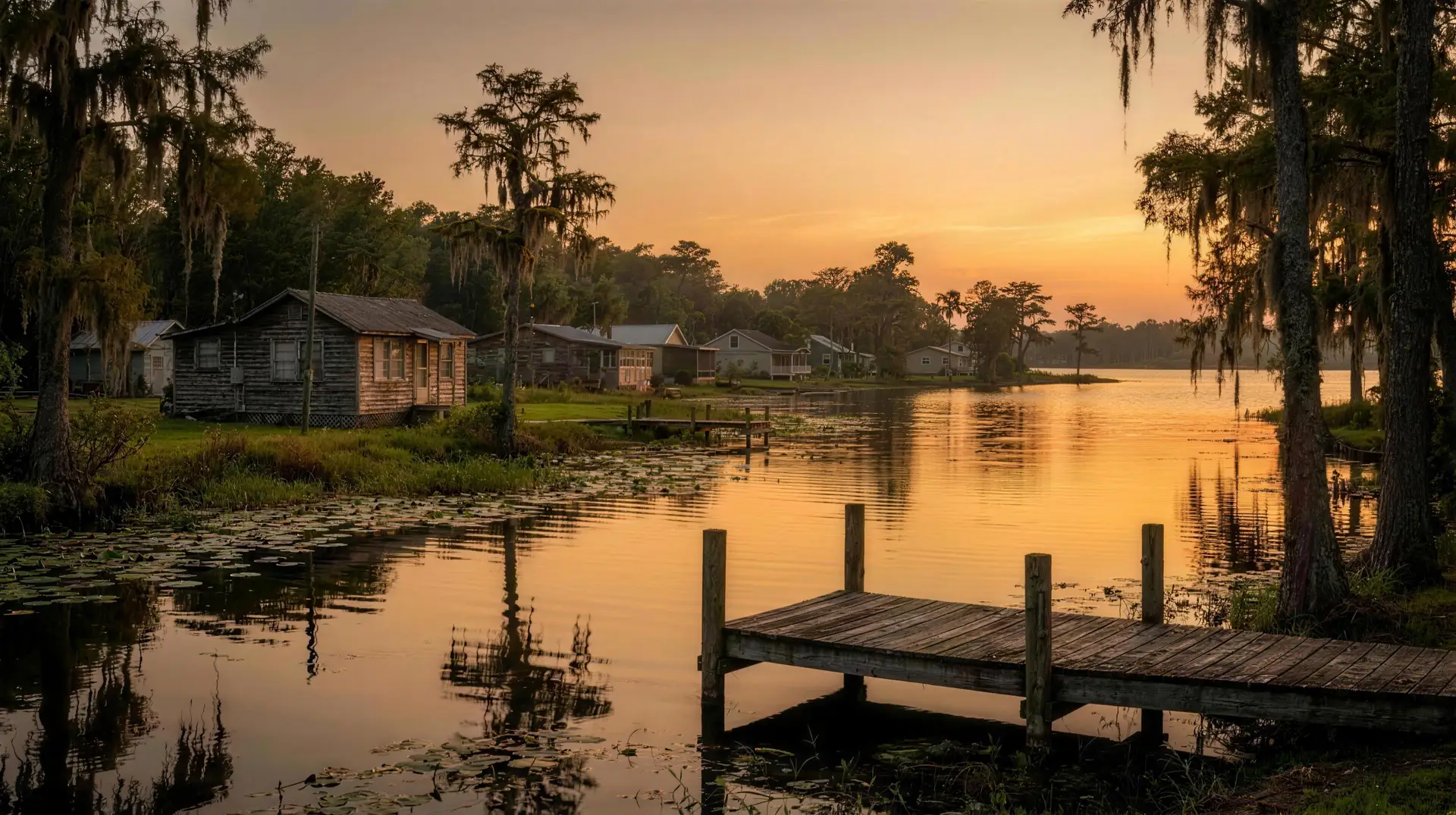 Lakefront cottages and docks on the Tsala Apopka chain near Hernando, Florida