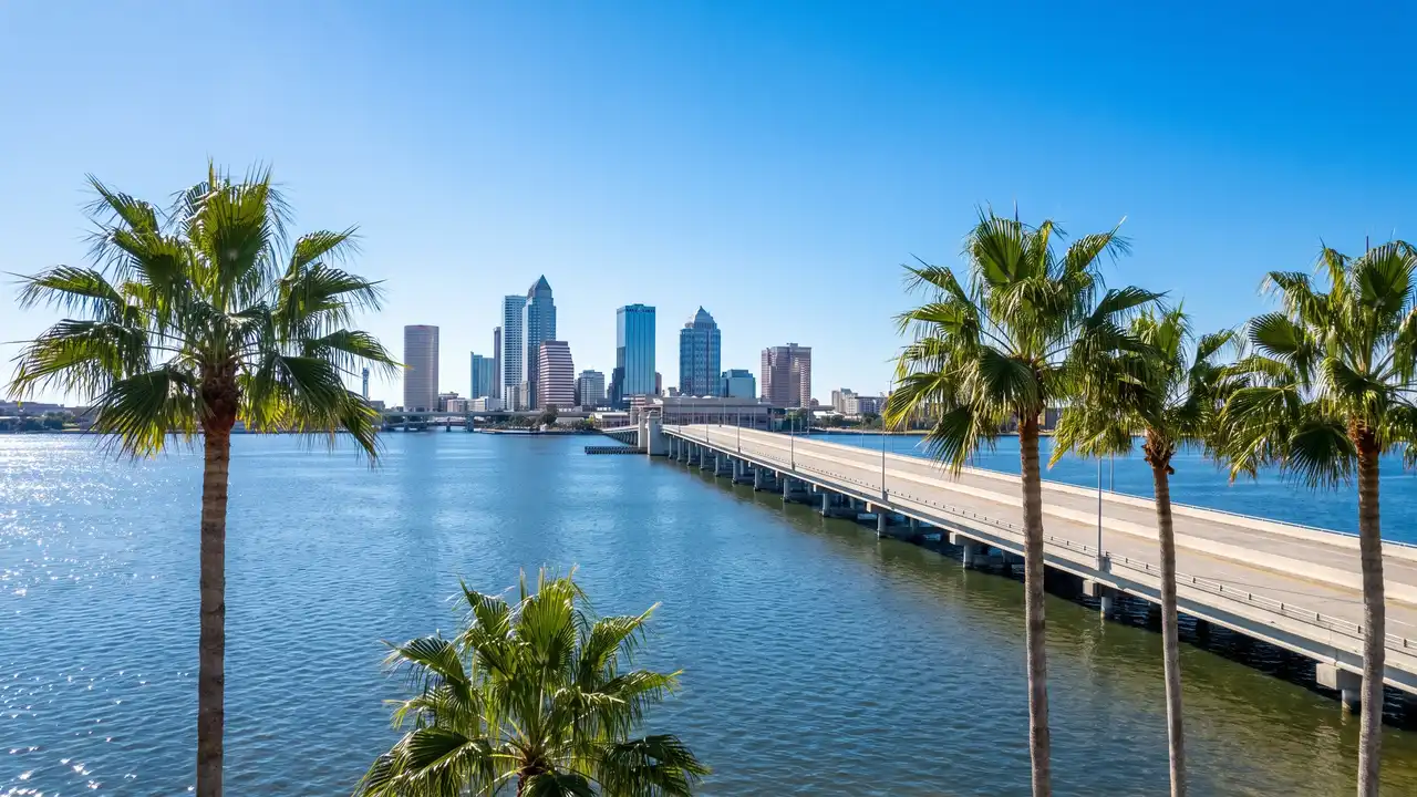 Downtown Tampa skyline across the bay with palms and a causeway, Hillsborough County, Florida