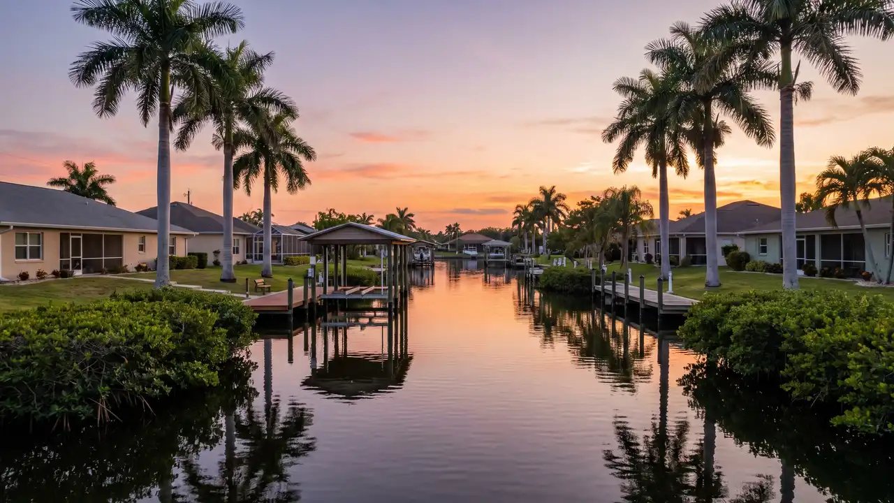 Canal front homes with covered boat lifts and docks at sunset, lined with palms, typical of Hudson's waterfront neighborhoods