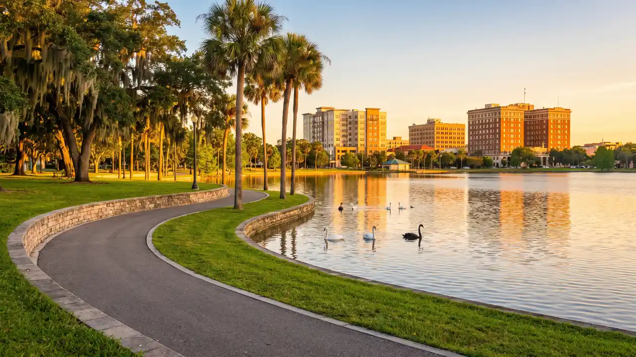 Lakeside path with swans and downtown buildings across the water at sunset, like Lake Morton in Lakeland, Florida