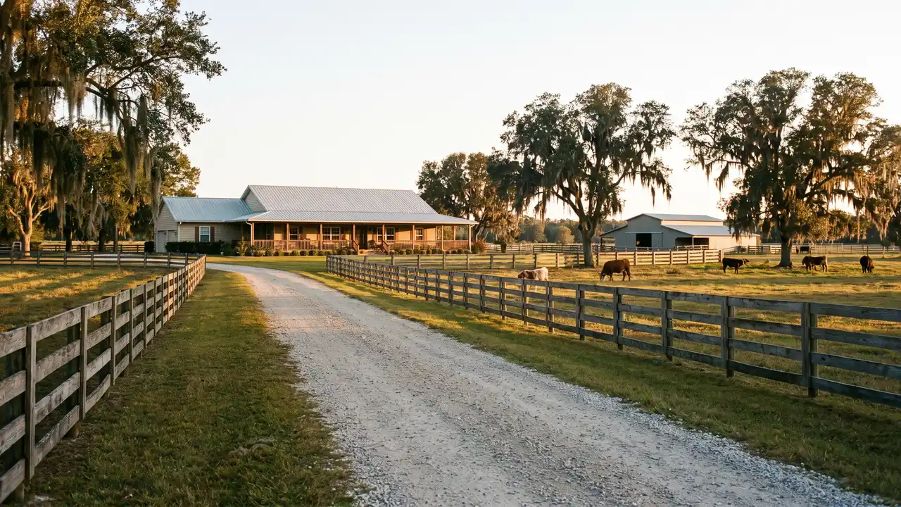 Rural ranch home with board fencing, open pasture and live oaks, typical of the Lithia, Florida countryside