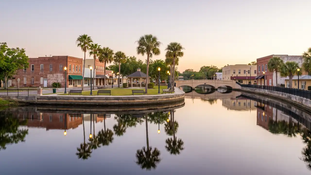 Riverfront downtown buildings, palms and a stone bridge reflected in still water at dusk, like downtown New Port Richey, Florida