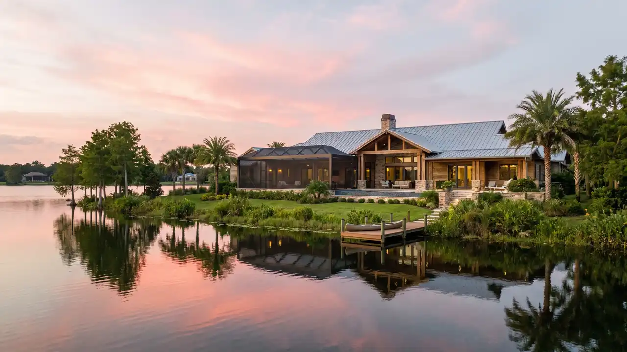 Lakefront home with a screened lanai and a small dock at sunset, typical of Odessa, Florida