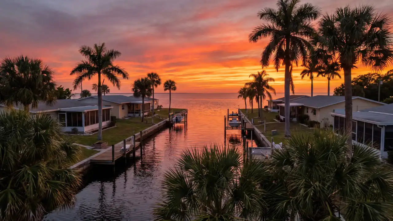 Canal-front homes with docks opening to the Gulf at sunset, typical of coastal Pasco County, Florida