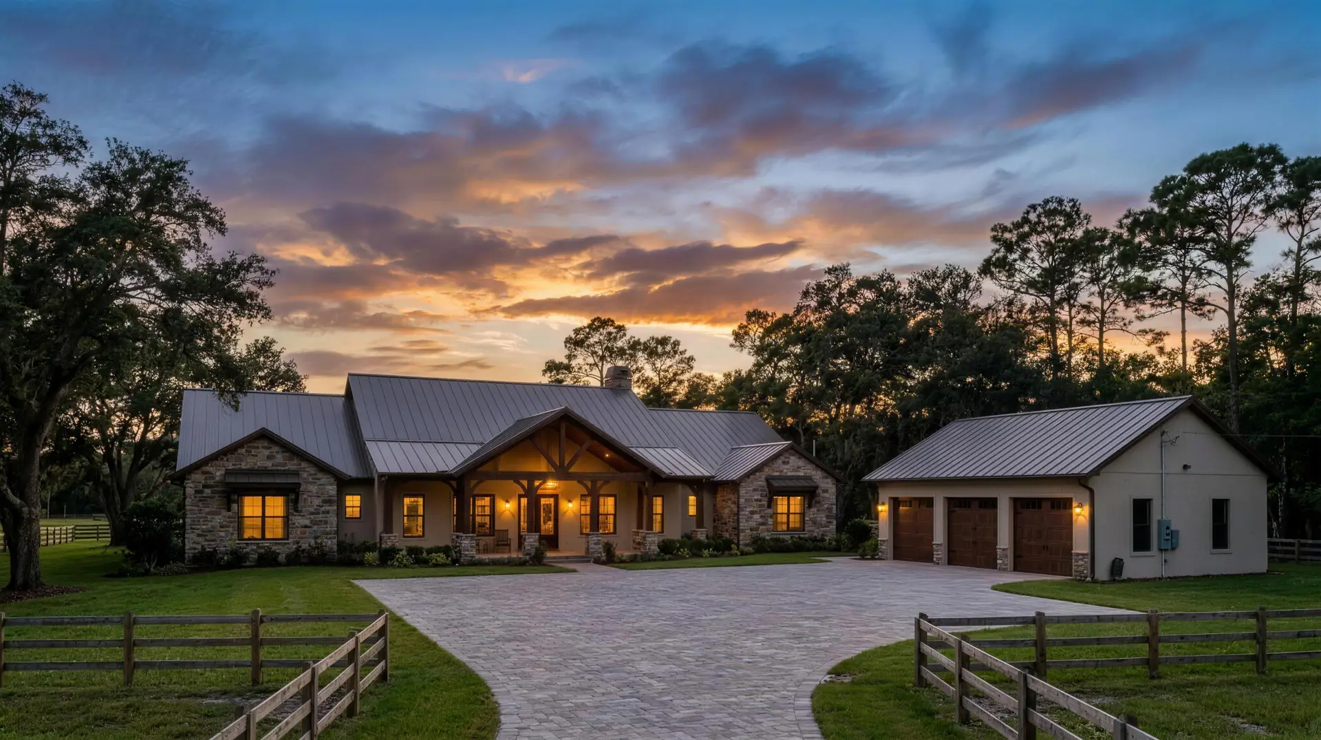 Ranch-style estate home at dusk with a detached three-bay workshop garage on wooded acreage near Pine Ridge, Florida