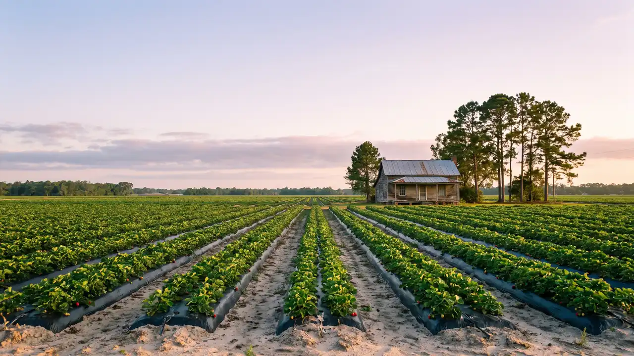 Rows of strawberry plants in a field with a farmhouse at dusk, typical of Plant City, Florida