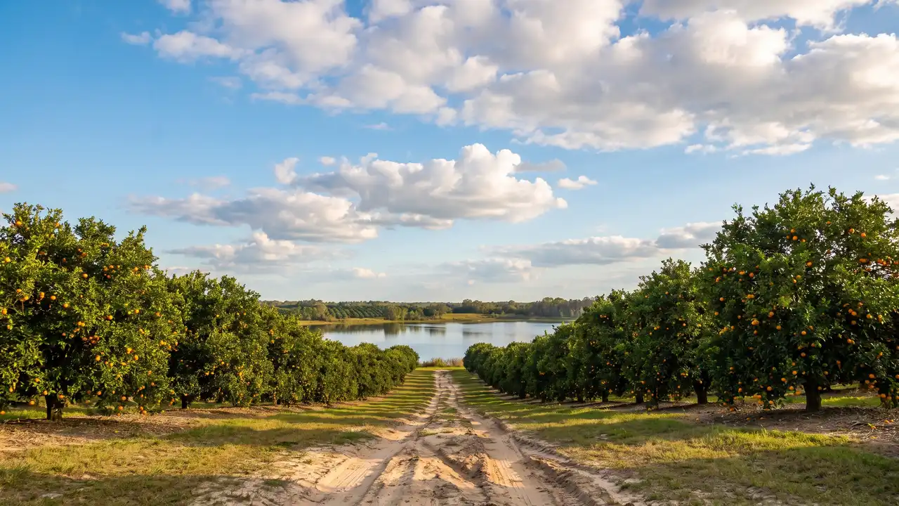 Sandy lane through an orange grove toward a lake under a bright sky, typical of Polk County, Florida