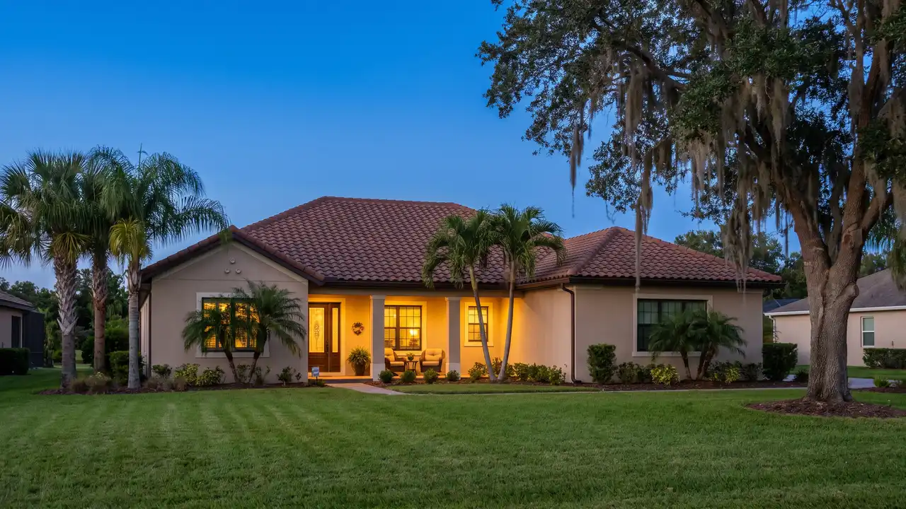 Single-story Florida home with a tile roof, palms and a live oak, lit warmly at dusk