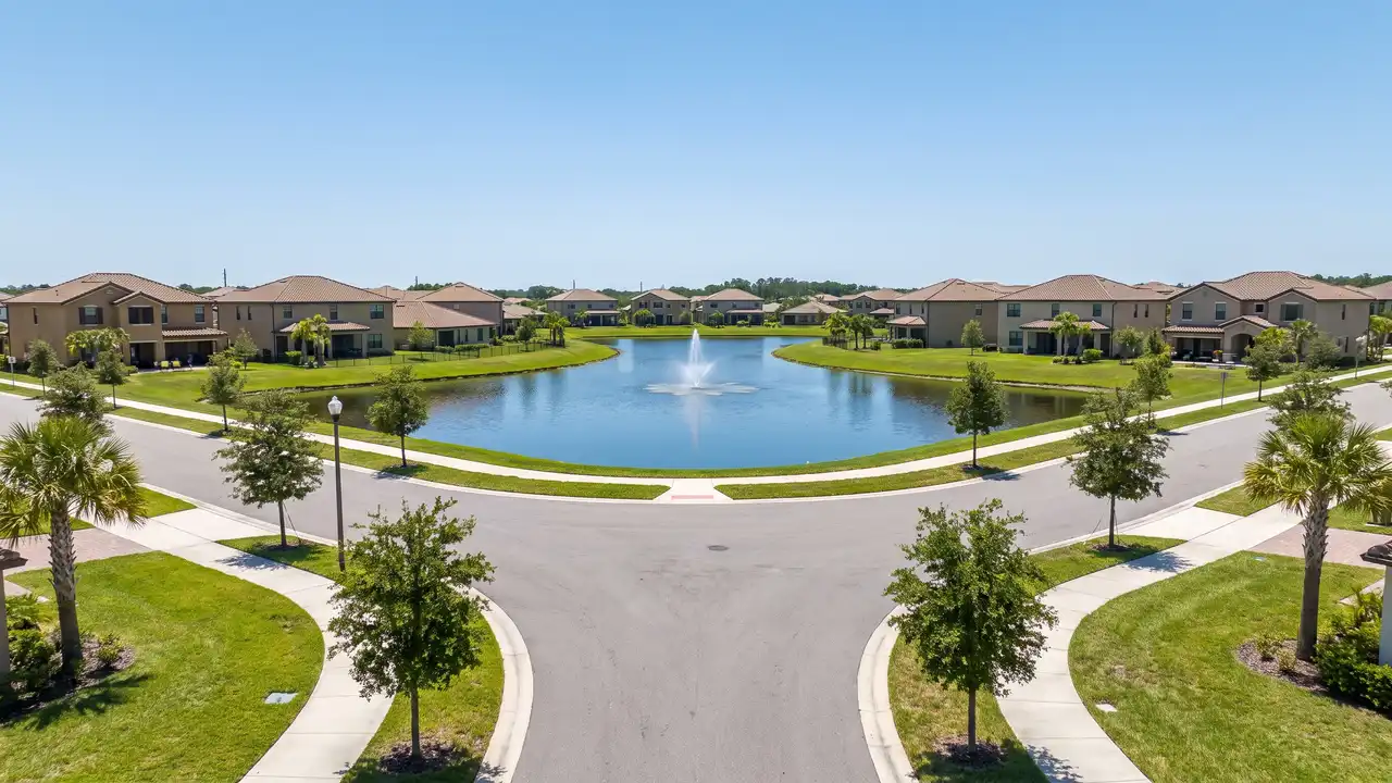 Aerial view of a newer neighborhood built around a pond with a fountain, typical of Riverview, Florida