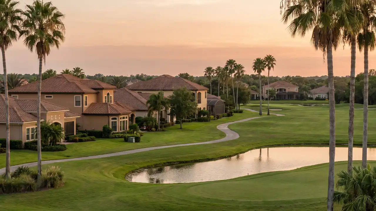 Mediterranean-style homes along a golf course fairway and pond at sunset, typical of Trinity, Florida