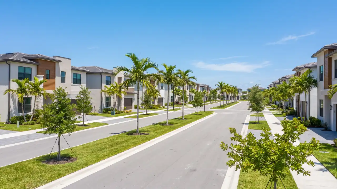 New two-story homes with palms along a wide residential street, typical of Wesley Chapel, Florida
