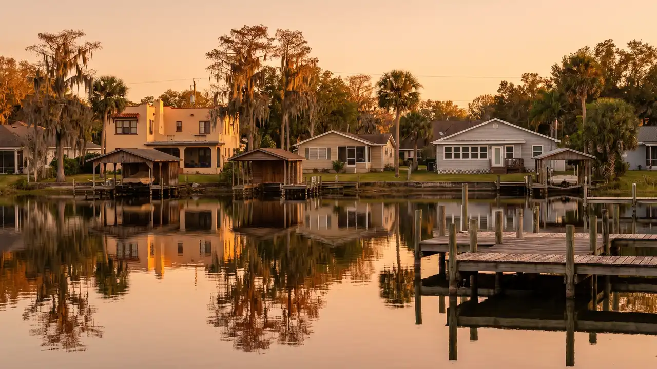 Lakefront homes with boathouses and docks reflected in a lake at sunset, typical of Winter Haven, Florida