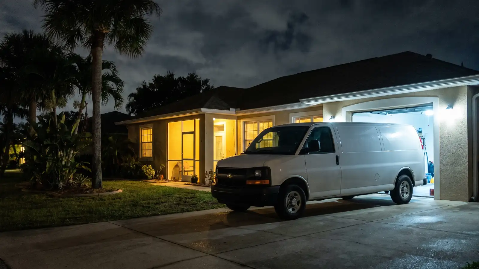 Unmarked service van in a home driveway at night with the garage lit