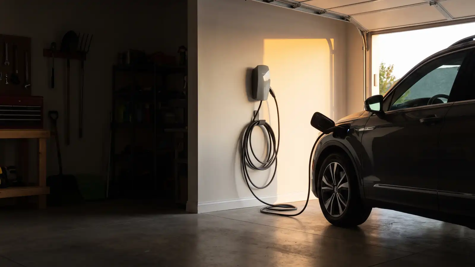 Wall-mounted Level 2 EV charger in a garage beside an electric vehicle