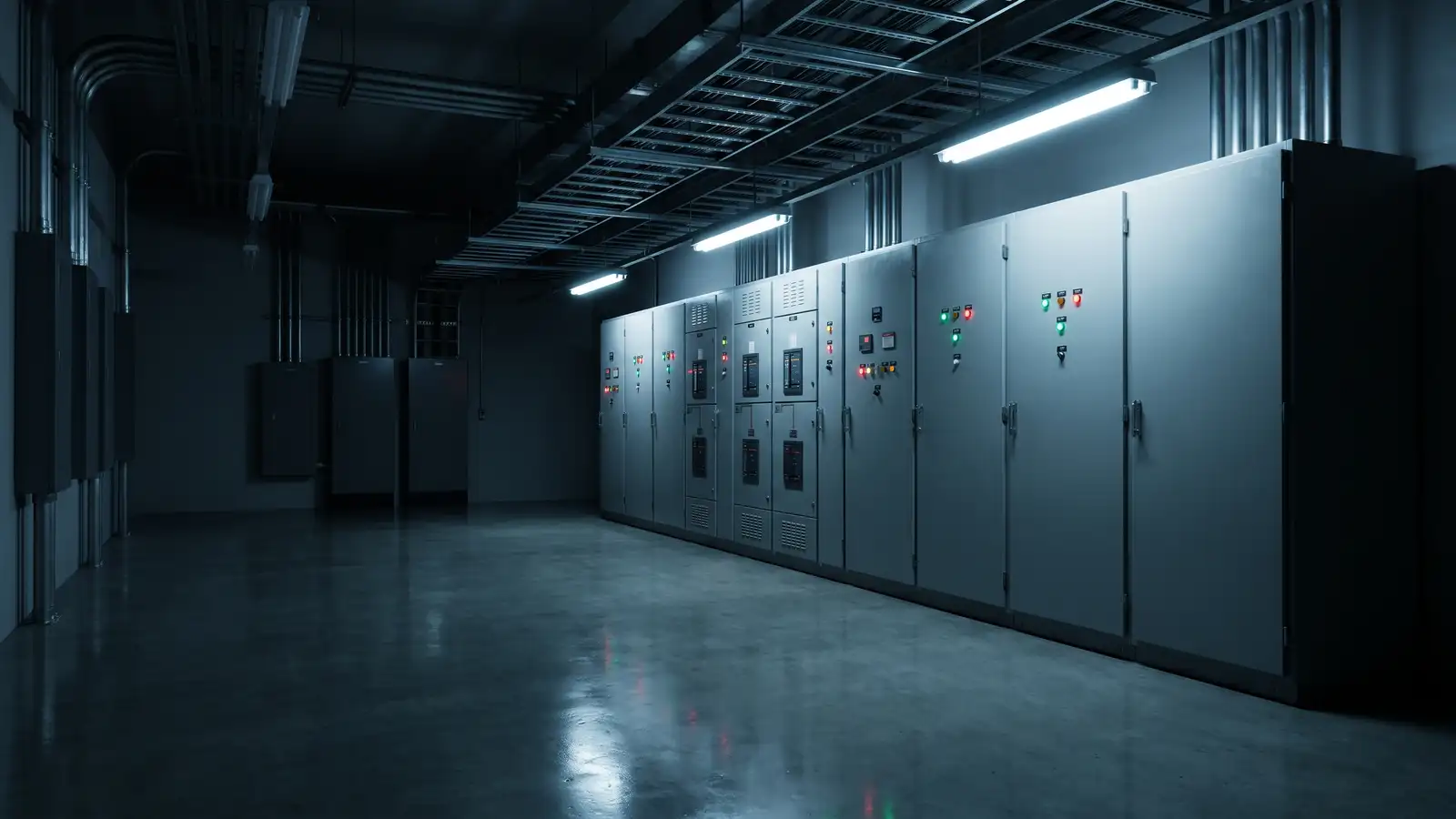 Industrial electrical room with a motor control center lineup