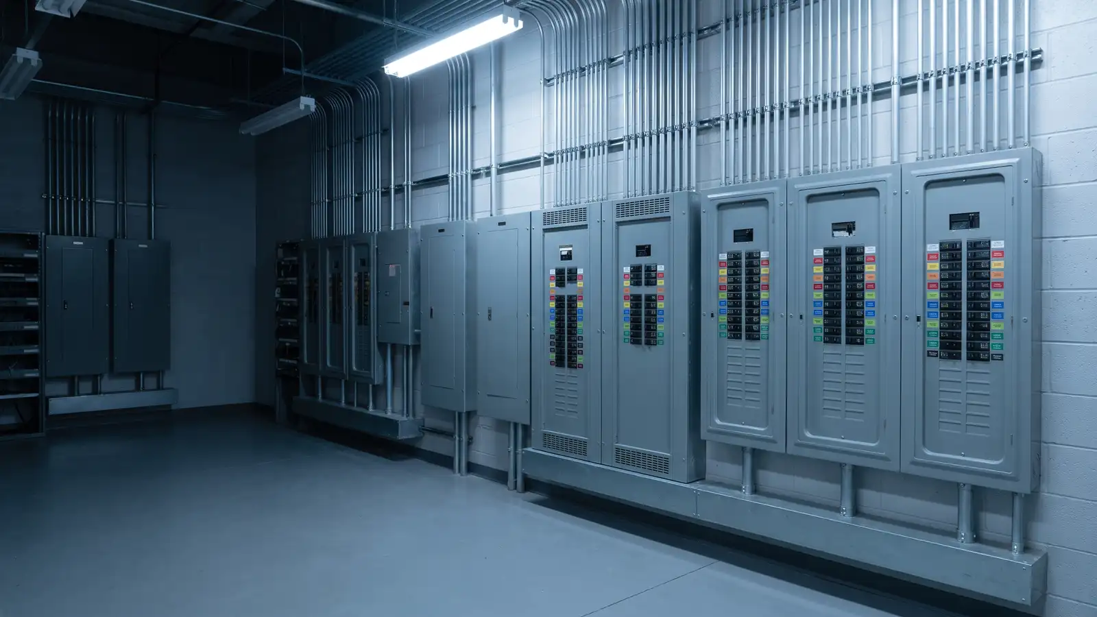 Commercial electrical room with rows of distribution panels and conduit