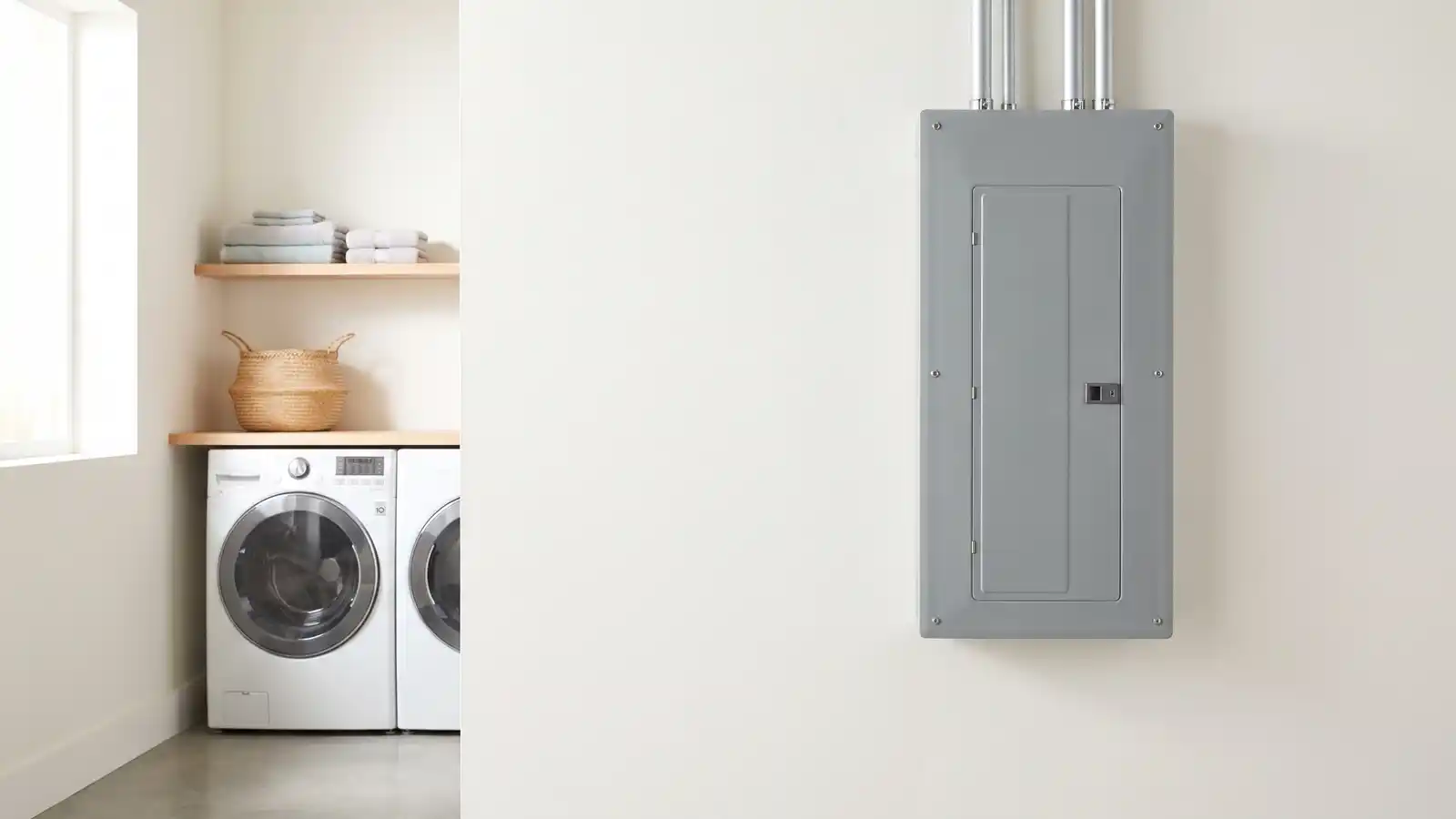 New residential electrical panel with the cover closed on a laundry-room wall