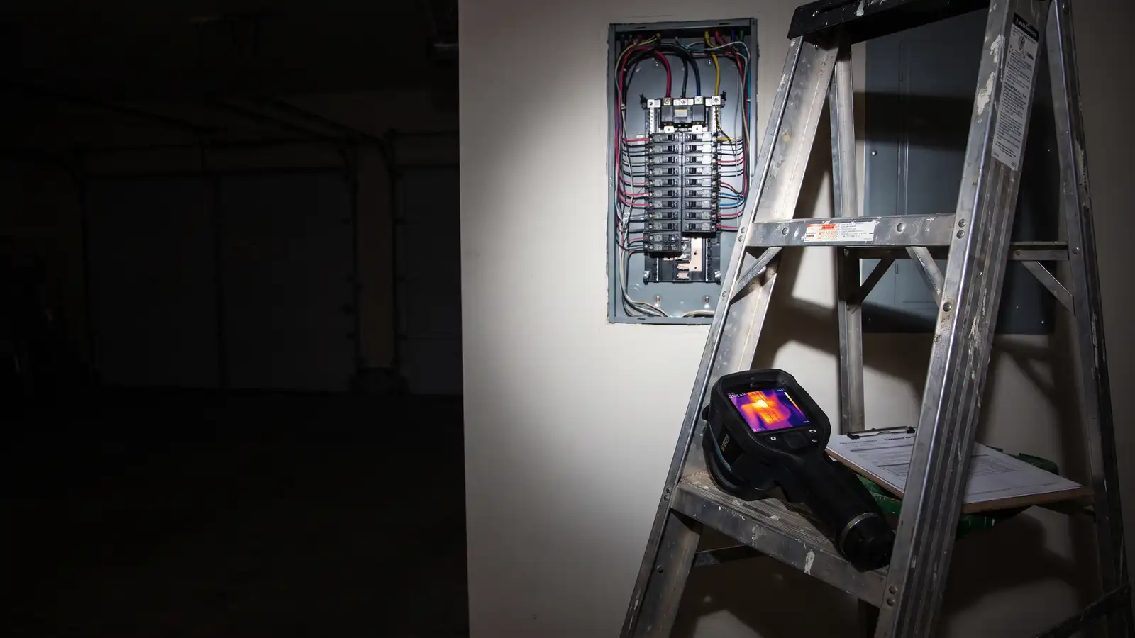 Residential electrical panel open for inspection with a thermal camera and clipboard nearby