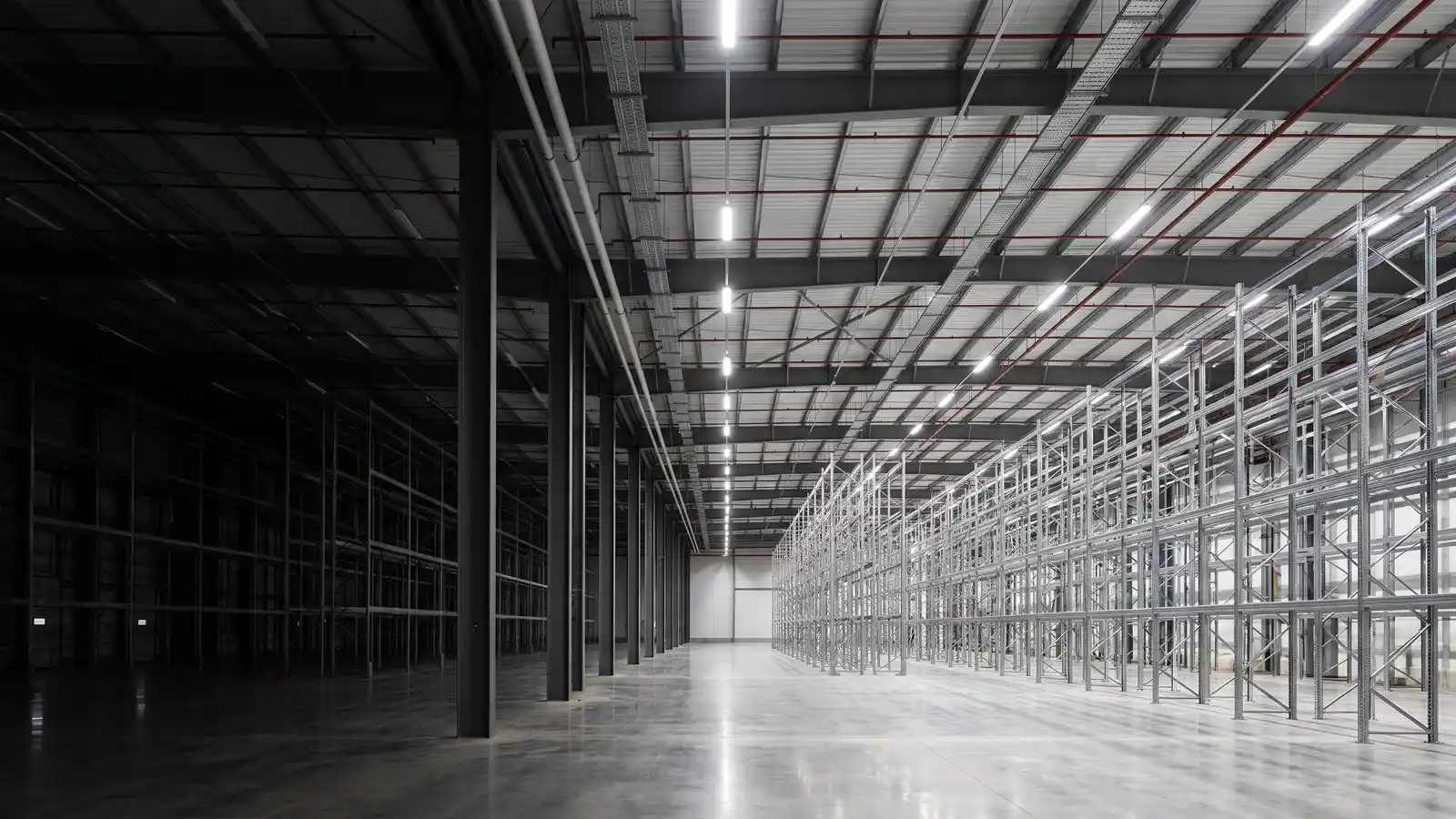Distribution warehouse interior with high-bay lighting and overhead conduit