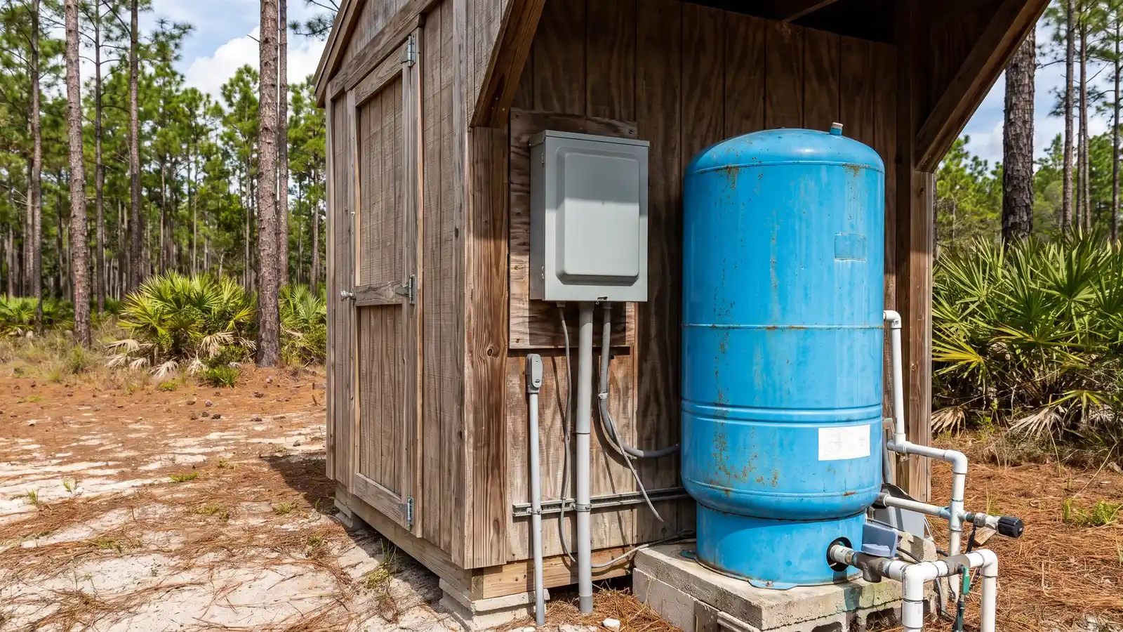 Well pump pressure tank and control box at a rural Florida property