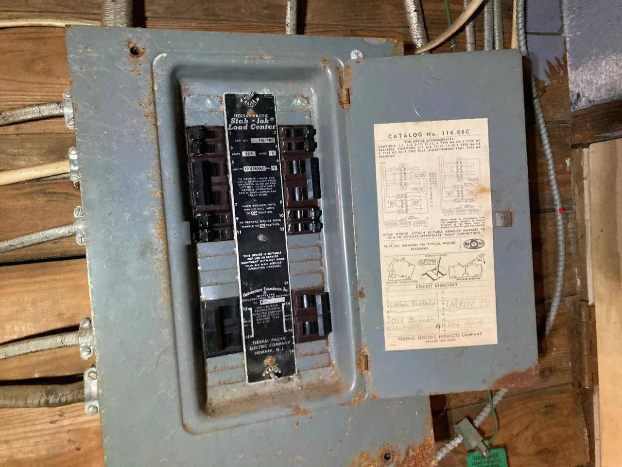 Federal Pacific Stab-Lok electrical panel with distinctive red breakers