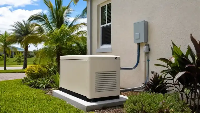 Standby generator installation on concrete pad beside Florida home with transfer switch
