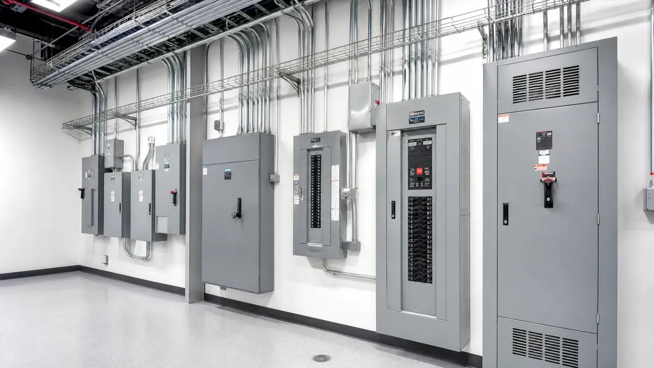 Commercial electrical panel room and distribution boards in a Florida business facility