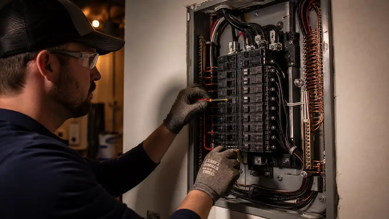 Electrician installing a modern residential breaker panel - Coastline Electric panel replacement
