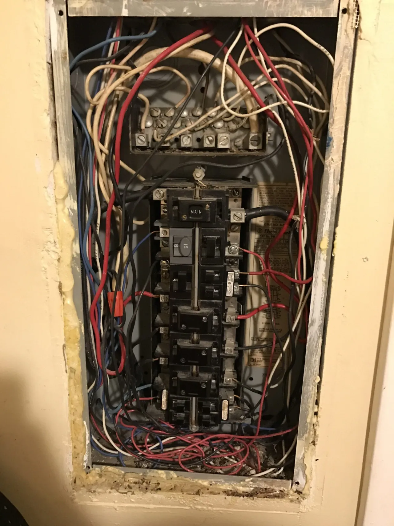 Pushmatic Bulldog electrical panel with push-button breakers